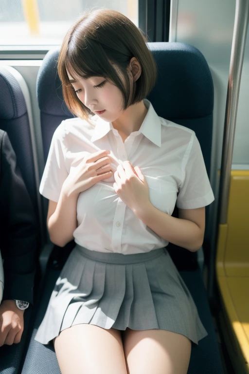 Japanese women、22 years old、One woman and one middle-aged man、Interior of a car、Sit in the passenger seat、((Middle-aged man robs woman of her breasts:1.6))、Front view、(small乳輪:1.5)、(small胸:1.2)、(bangs)、(small), (masterpiece, Highest quality), ((Looking into the camera)),(((I can see your chest))),(Nipples are visible), whole body、I can see your thighs、(((Light brown hair))),Correct number of arms、White dress shirt、(school uniform)、White shirt、((Black pleated skirt))、A bow tie、Front view
