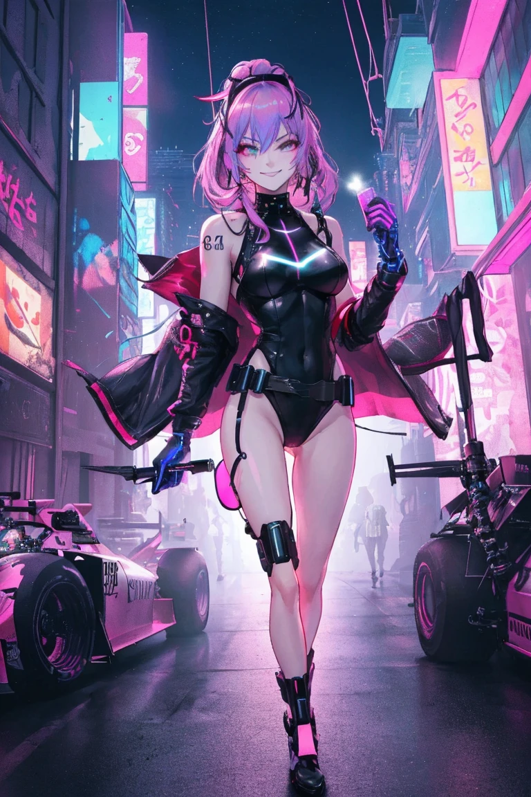 An augmented reality hacker, a woman with neon-dyed hair cascading down her back, her body partially transformed by cybernetic enhancements that blend seamlessly into her skin, standing amidst a labyrinth of neon-lit, fractal-infused alleyways in a sprawling futuristic metropolis.