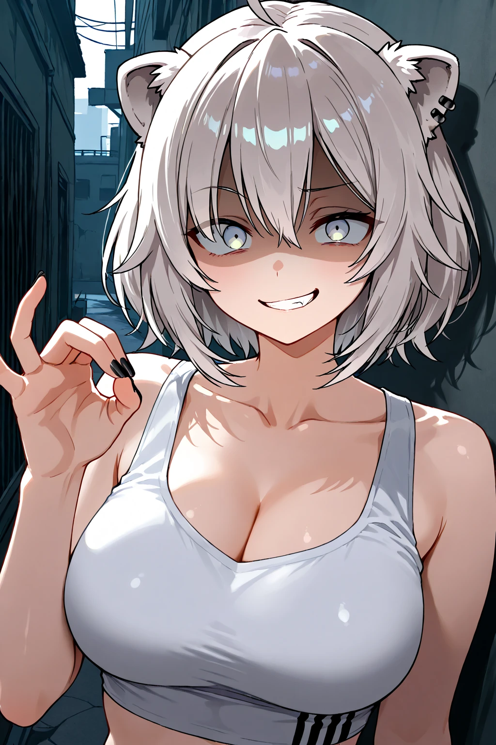 1girl, grey hair, lion ears, grey eyes, large breasts, botan, jeans, <lora:Style - ThePinkPirate:1>, kneeling, topless, nipples, seductive smile, armory, upper body, <lora:Char - Botan4Outfit:0.75> lion tail,