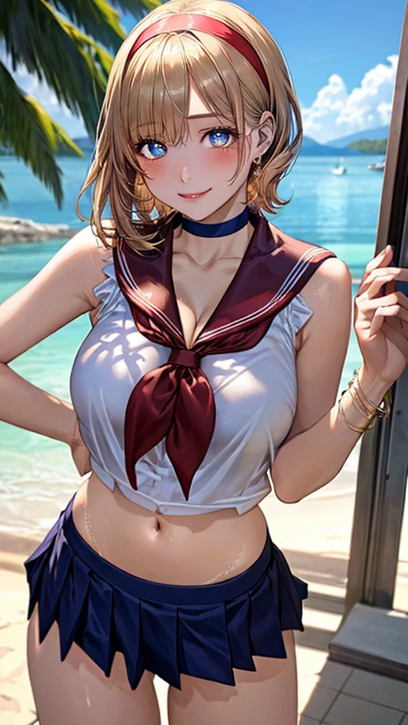1girl, solo, blonde hair, (streaky hair), scene hair, pink streaks, short hair, huge breasts, headband, sitting, beach, beach umbrella, palm trees, beautiful sky, s sunset, pink plaid bikini, pink plaid miniskirt, upskirt shot, mtu virus, multiple views, masterpiece