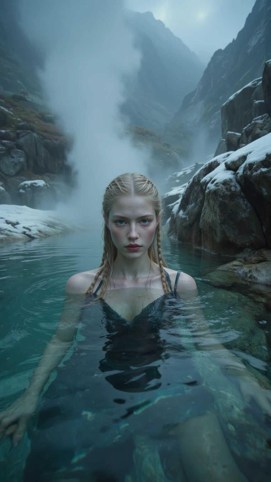 analog film photo, photo of a young elf girl, 18 years-old, elf, elf ears, long pointy ears, messy hair, sun-kissed complexion, goosebumps, pretty, natural beauty, tall, full hourglass figure, wearing linen undergarments, posing in a steamy glacier hot spring, snowy weather, resembles Taylorr Swift, RAW Photograph, dslr, soft lighting, high quality, film grain, Fujifilm XT3, detailed skin with visible pores, insane details, masterpiece, 8k, 35mm photograph, dslr, kodachrome, faded film, desaturated, grainy, vintage, Lomography, stained, highly detailed, found footage, close-up shot, elven ears
