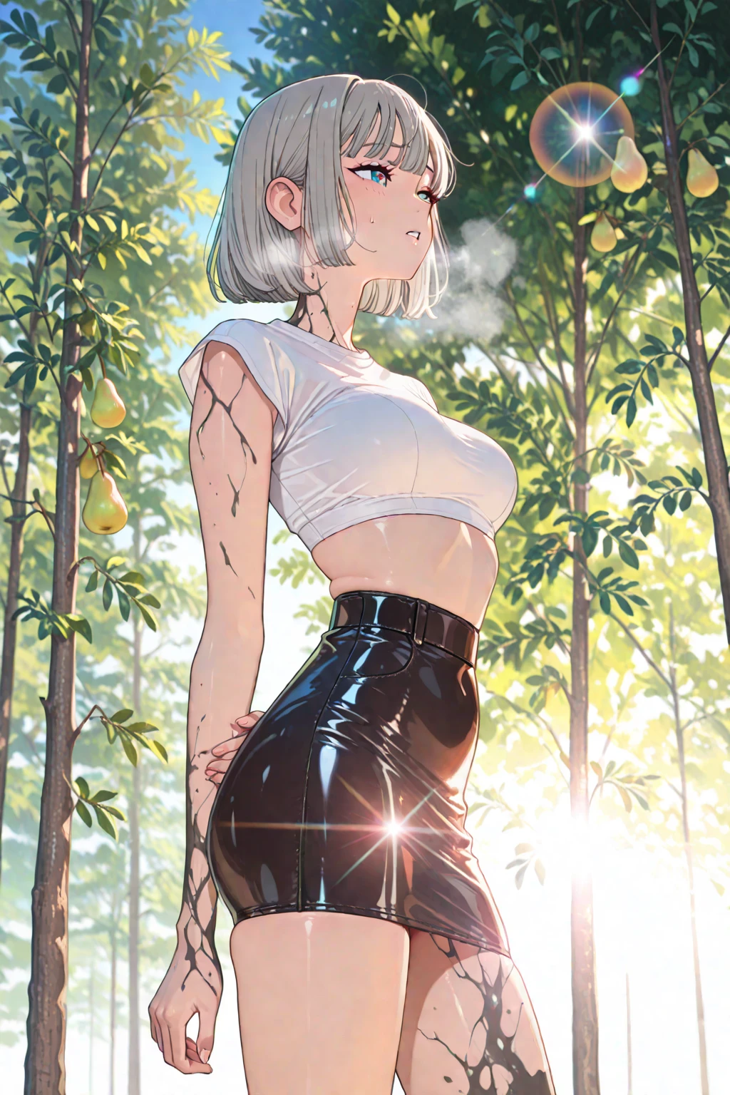 Young woman, white hair, black lipstick, dark eyeshadow, skinny and fit body, thick breasts, tiny string strap crop top, black daisy dukes, lounging back with legs open, sweaty