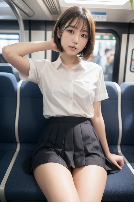 (cloth), (Thin black skirt) (White Panty:1.25), Recruitment Suit,,(Professional portrait, Professional Writing) ,masterpiece,最high quality,Realistic,8k,Official Art, Ultra-high resolution, ,,Shining Cheeks ,(Glowing Skin:1.02),Medium Hair,(Blonde gradient hair:1.02), 8k,high quality, Super detailed, 最high quality, Very detailed, beautiful , (Professional portrait, Professional Writing) ,masterpiece,最high quality,Realistic,8k,Official Art, Ultra-high resolution,, , Vivid and cute panty, , Straight bangs, Medium Hair、Shrine maiden, , , 、Show your panties neatly from the front、Brown Hair、Cheerleader、ribbon、, (The background is inside a train:1.03), NUDE,、, (Cotton-Panty:1.03), (spread-legs:1.05),, Focus ??????, (Half-close your eyes:1.13), (Talk to the person next to you:1.04)