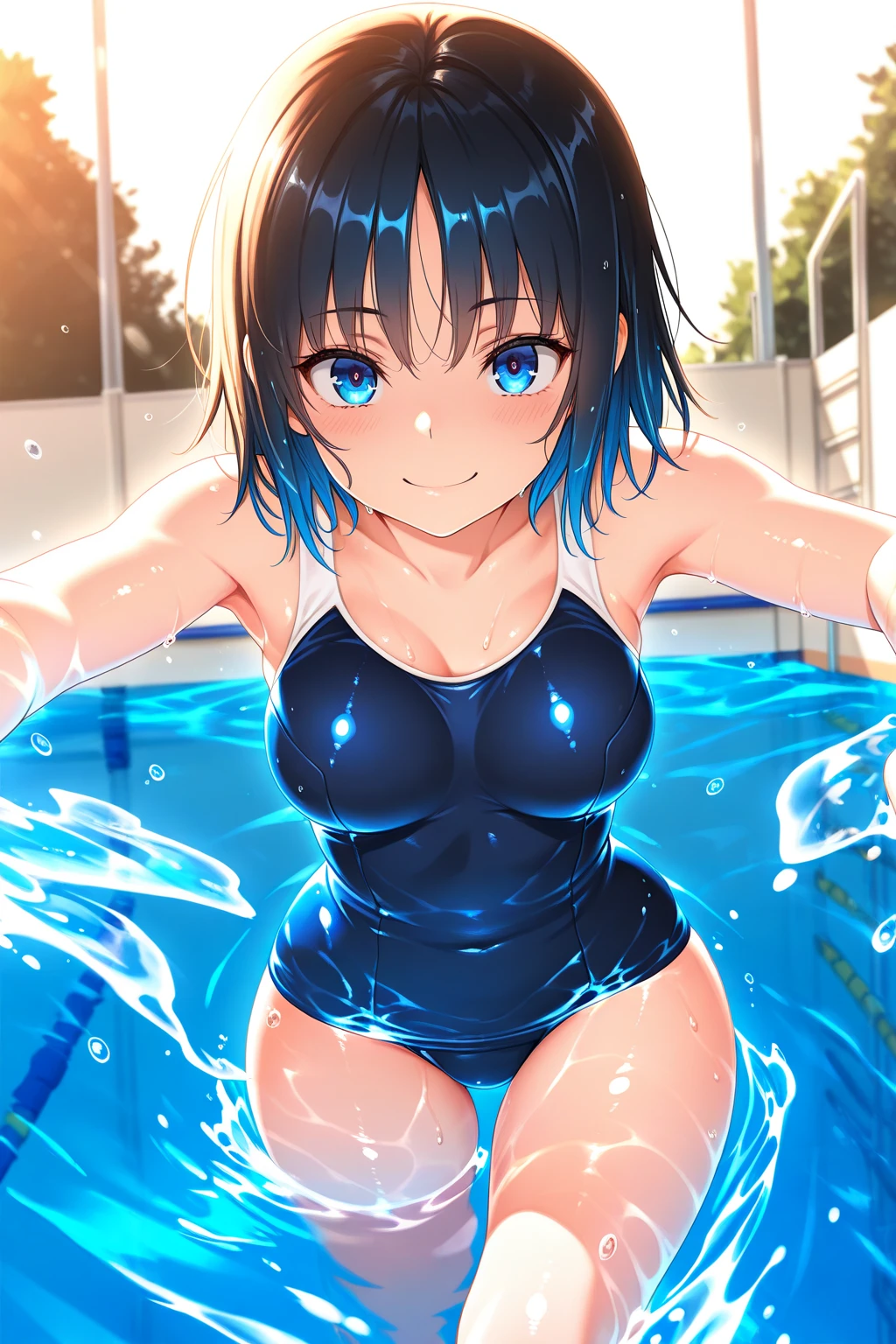 Anime girl in blue swimsuit sitting in the water, wearing a swimming wear, Wet swimsuit, Swimsuit, swim wears, anime moe art style, (Anime Girl), Wallpaper Anime Blue Water, Seductive Anime Girl, in water, Beautiful anime girl, Cute anime girl, In the water, pretty anime girl, marin kitagawa fanart, cute girl wearing a tank suit, charming anime girls