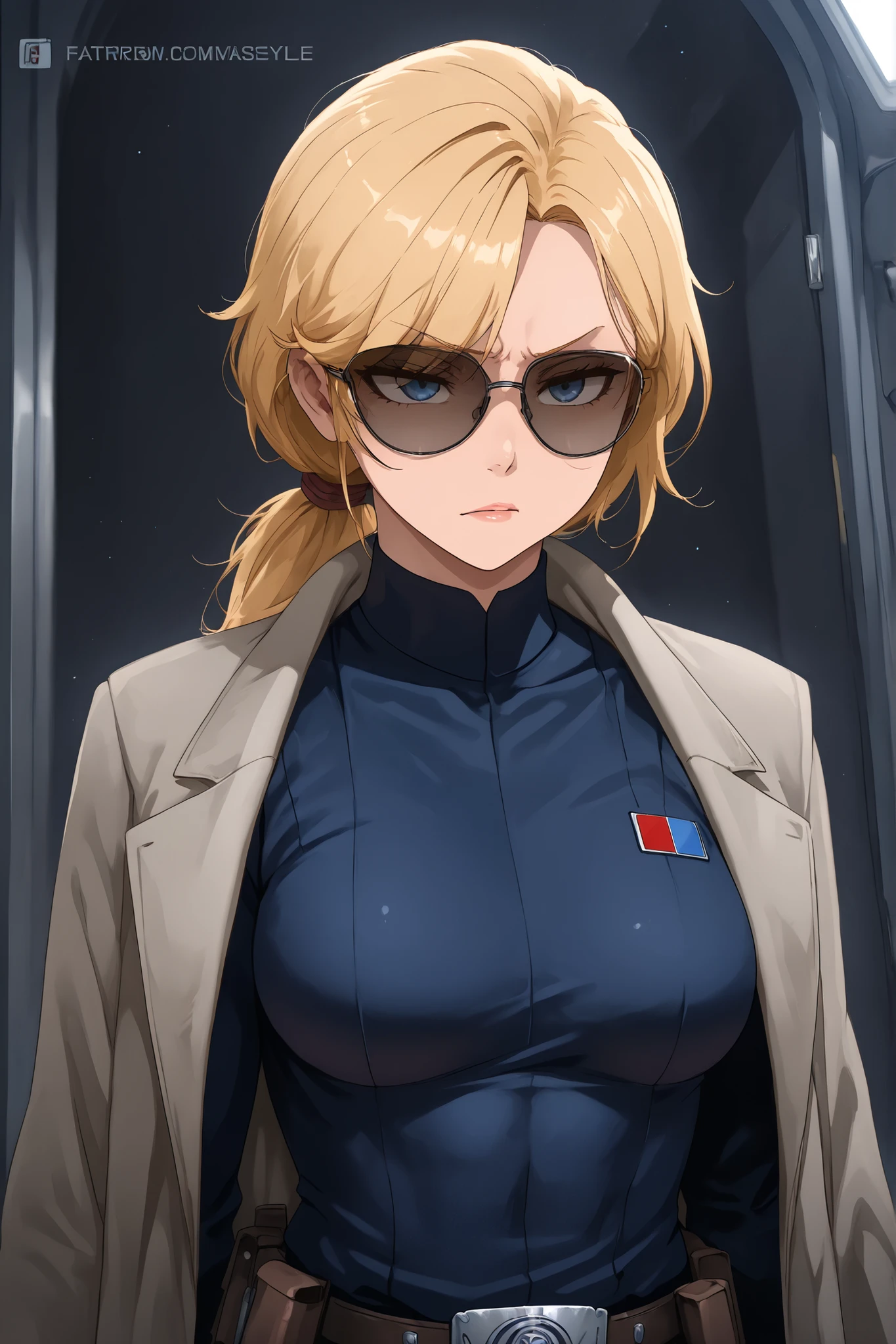 Masterpiece, 1girl, highly detailed, character, Star Wars, beautiful woman, athletic body, blonde hair, low ponytail, toned, , blue eyes, tsurime eyes, narrow eyes, stern expression, fair skin, Imperial officer wearing a dark blue uniform, greatcoat, utility belt, sunglasses, upper body shot, Death Star interior, Bleach art style