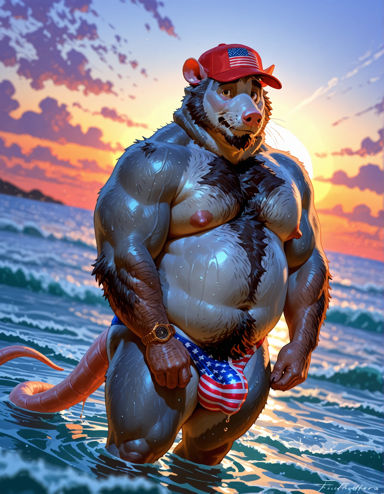 by Anhes, by Taran Fiddler, Possum, male, anthro, mature male, elderly male, bushy eyebrows, face wrinkles, jowls, gray body hair, whiskers, hairy arms, scruffy gray facial hair, big nipples, overweight, fat, chubby, wide hips, thick thighs, big bulge, detailed penis bulge, gray pubic hair, wet fur, dripping water, standing in ocean, standing in water, waves, outside, American flag speedo, speedo, trucker hat, possum tail, thick tail, wide tail, giant tail, wet tail, shy expression, looking at viewer, wrist watch, dynamic angle, dynamic lighting, golden hour, depth of field, cinematic, sunset, colorful clouds, indistinct furry background characters