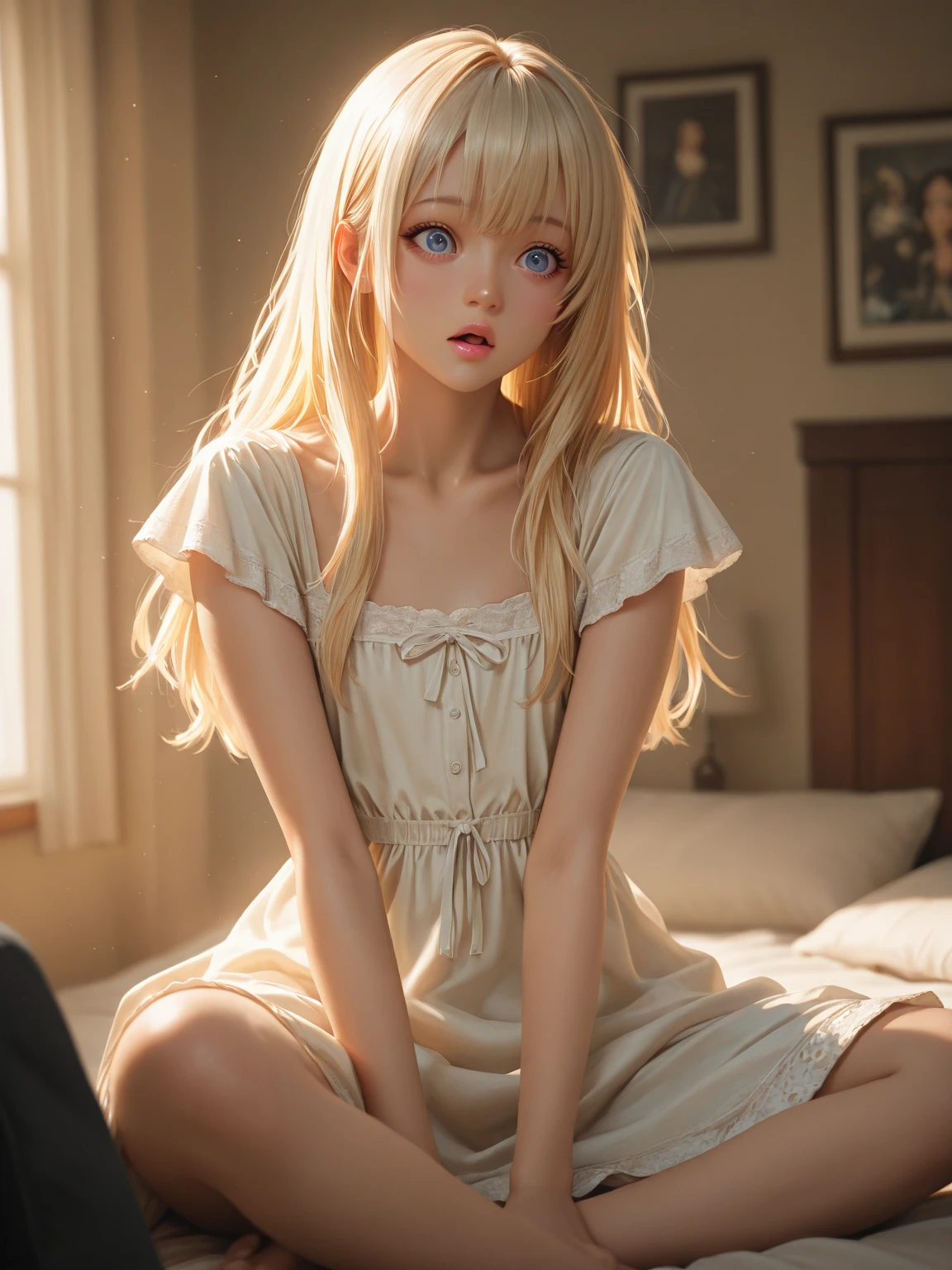 (best quality), 1girl, female, porcelain skin, blonde hair, straight hair, medium hair, swoopy tips, Flipped-up ends, brown eyes, perfect eyes, slender, , cropped camisole, pajama shorts , small bust, shy, masterpiece, anatomically correct, highres
