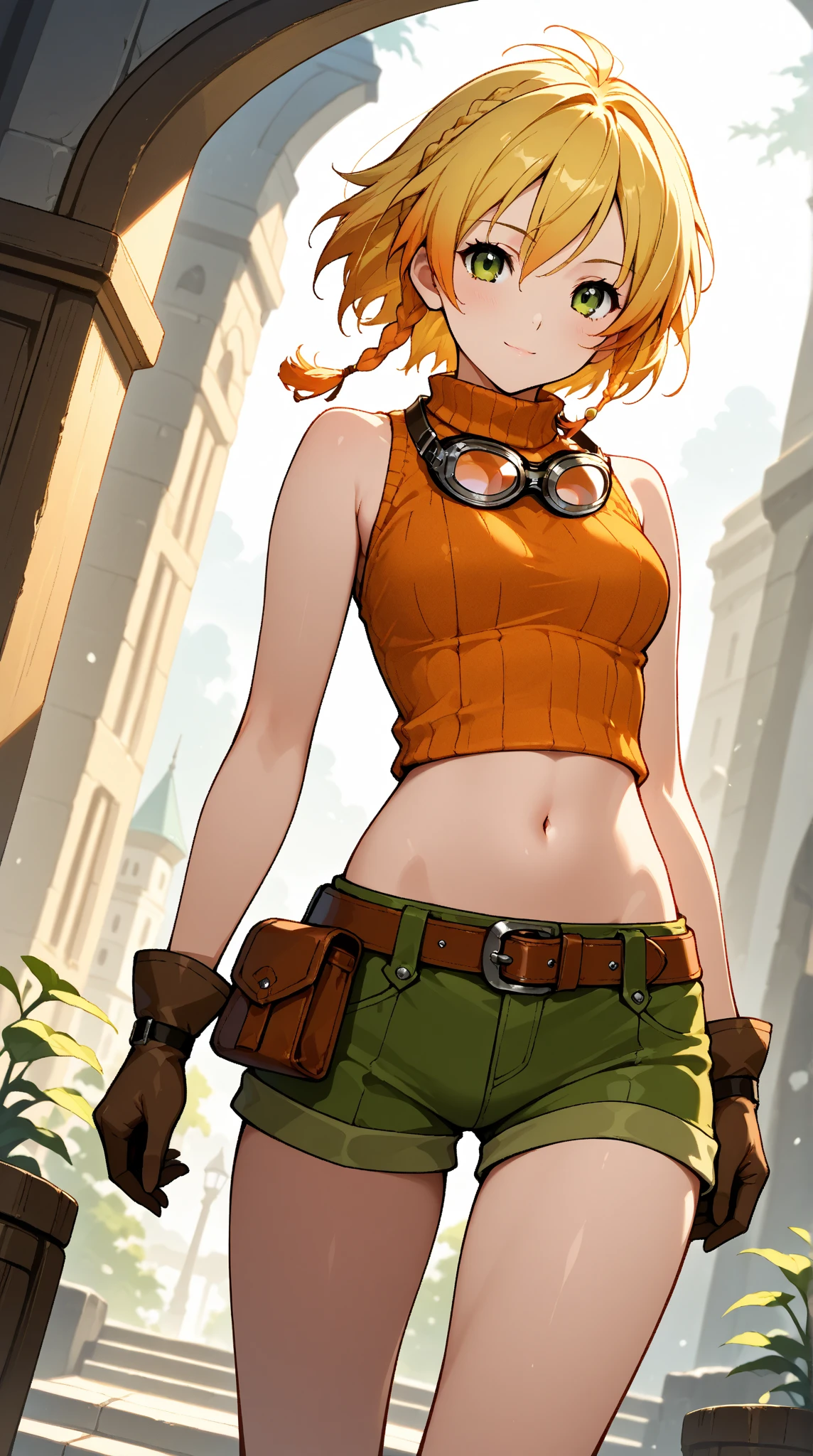 beautiful eyes
score_9, score_8_up, score_7_up, score_6_up, realistic illustration,
human, source_anime, sami_domino, orange_hair, green_headband, BREAK, white_tank_top, midriff, BREAK, green_pants, pouch, combat_boots, inside a battlefield, , athletic, 1girl, solo female, beautiful, epic, wallpaper, looking at viewer, looking at you, smiling, blue eyes