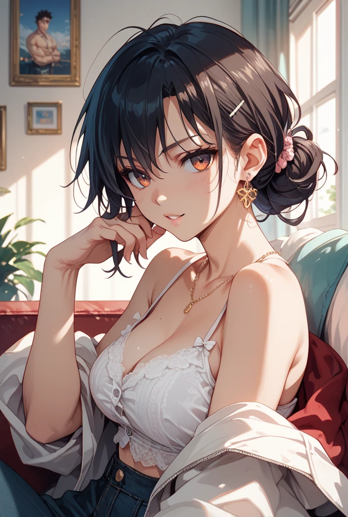 best quality, highres,Slender、Brown eyes、tall、Black Hair、（Forehead Baring:1.7)、(Bun Hair:1.3),Straight Hair、Luxury Hotel、(White bra:1.5)、(Black long skirt:1.3)
