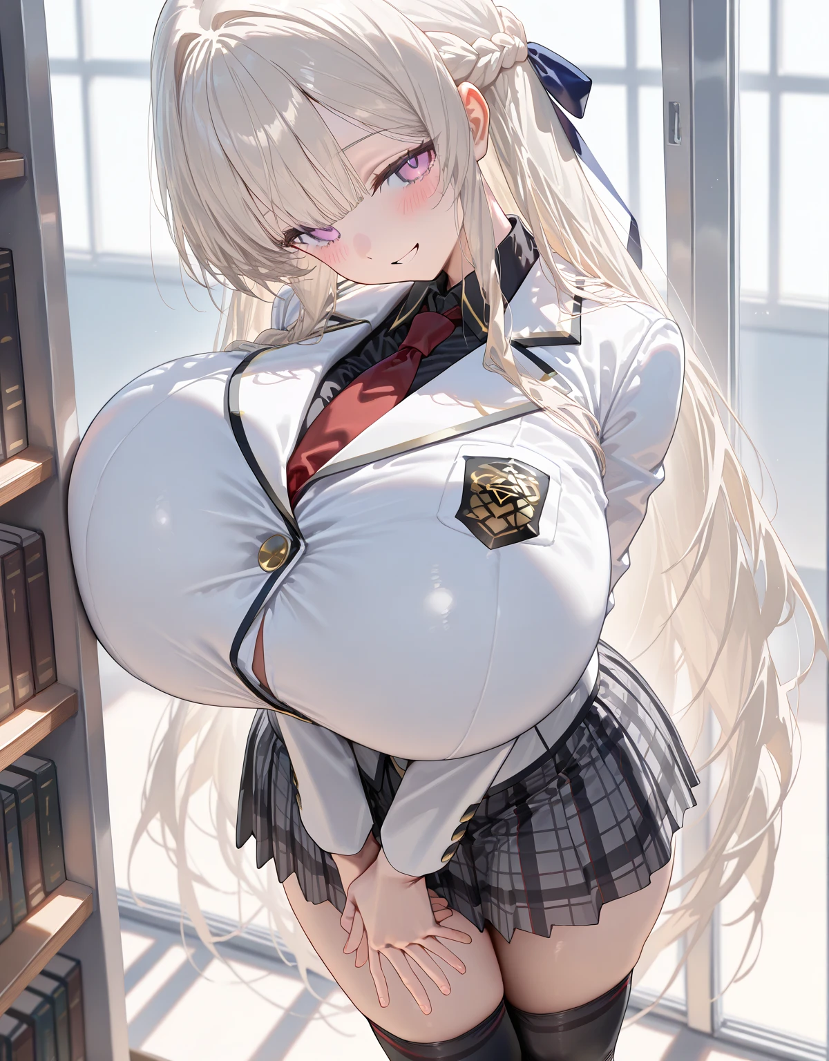 (masterpiece:1.2、highest quality、Tmasterpiece)、1 female、alone、classroom、Day、stand、blonde、ponytail、Red eyes、break、(Navy blue blazer:1.4)、(Dark Skin:1.4)、(White collared shirt)、Big Breasts、pantyhose、Place your hands behind your head、corset、Hoop Earrings、lipstick、(Checked mini skirt)、tie、Very sweaty、Ring Choker、Scrunchie、blush、Covered breasts、Bangs braids、(Thick lips:1.2)