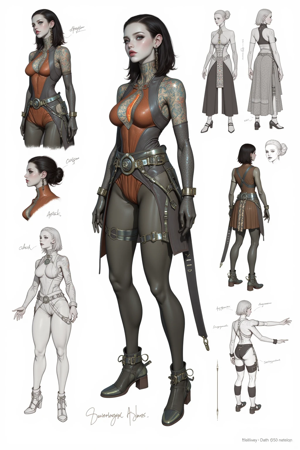 front view, side view, back view, different poses of female apocalypse mercenary, masterpiece, best quality, detailed face, toned, military gear, boots, belt, laces, strings, ((snakeskin pants)), video game character design, character artwork, video game character art, official concept art, ( ( character concept art ) ), high quality character design, character art the contra, full character concept art