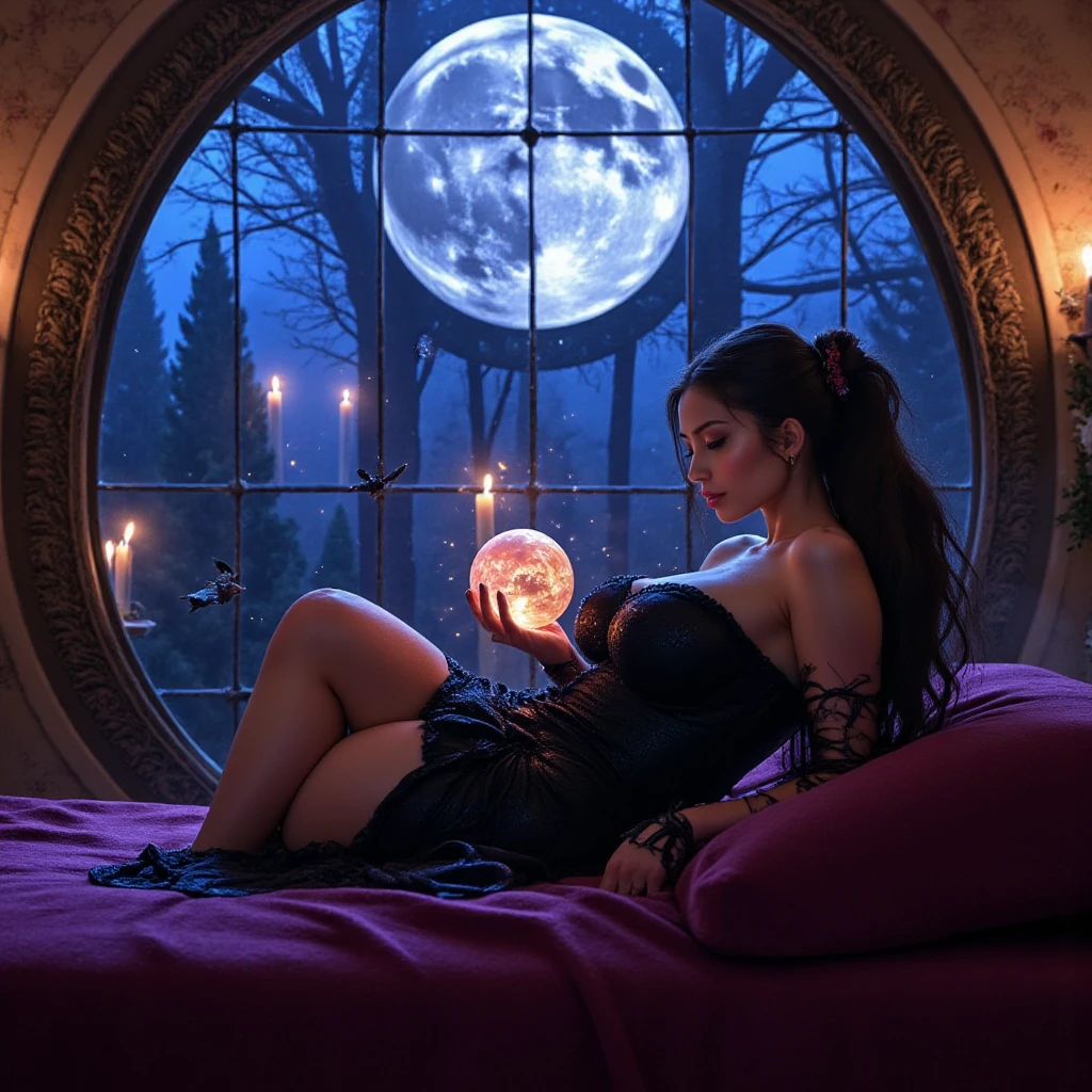 (beste-Qualit, 4K, Masterpiece:1.3), beautiful woman, hyper realistic, Jeune fille nue, Jolie vampire, 18 ans, seule, (corps maigre, gros seins, petit cul), (long cheveux raides noir et rouge, luscious red lips, yeux rouges : 1, 3).  (robe courte moulante noire Transparente fendu:1, 4), (dress with a plunging neckline:1,4), (Couleur noire avec bordure rouge: 1,3), (ornements rouge), (Bordure rouge), (dentelle rouge), (talons haut noir). gros seins, vagin parfait, pose sexy, longues jambes fines, jambes nues, hanches fines, (Transparent :1, 4), (Transparent :1, 3), (Short black dress with slit and plunging neckline :1, 3), (fente : 1, 3), (moulante : 1,3), (plunging neckline : 1,3).  (assise sur le rebord d'une fontaine de sang), (Vampire Castle Course:1,3), (in the dark night lit by candles :1,3), (boit un verre de vin rouge), (eau rouge:1,3), (pleine lune rouge sang:1,3), (Dark forest around the castle), (Vegetation in the yard:1,3), (lush vegetation), (Colorful vegetation), (bougies noires  ), (bougies: 1,3), (Flaming Torches), (flammes rouge), look at the camera. une fille sexy, un visage innocent, un sourire charmant, crossing legs (Soft Red Light, Soft red lighting).  highly detailed body, face detailed, detailled eyes, detailed mouth & minora.  Detailed dress.  detailed scenery.  vampire.  Vampire Theme.  highly quality