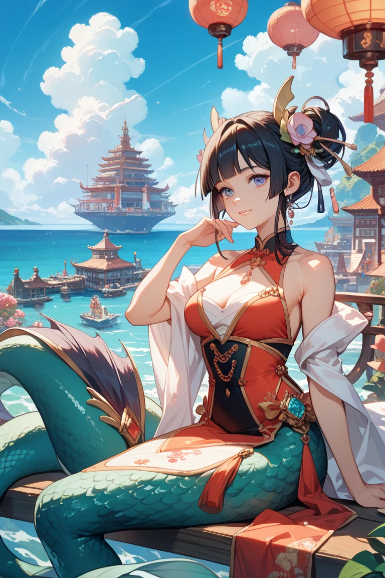 Bright colors，Magic background，loong background，water background，the sky background，1girll，Witch Hat has dragon horns on it，A bodysuit made of stockings，Jumpsuits，Intimate dress，Tightly wrapped，sexy bra，Pantyhose wrap around the hips，sexy，on cheongsam，Dress conservatively，Wrap your whole body in clothing，Not exposed，Dragon tail，mistic，abstact，lady，Smiling，inquisitive，ultimate pretty legs，sexy pose