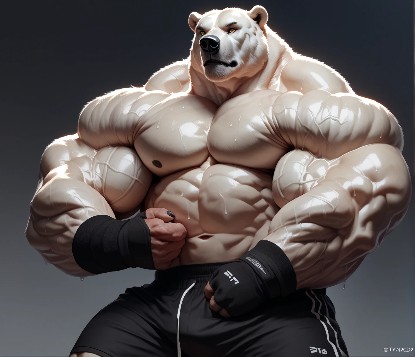 huge muscular polar bear Dad in big Gym, big smirk, polar bear, huge white fur, thick arm, huge arm, bearded. Short white hair and white beard, white mustache, bearded white, (muscular, pectoral, wide pectoral, thick arms), correct anatomy, gym, veins, realistic, added grayish eyebrows, detailed eyes, 8k, masterpiece, (wearing black shorts, wristband, watch and shirtless), flexing his shoulders up massive muscles 