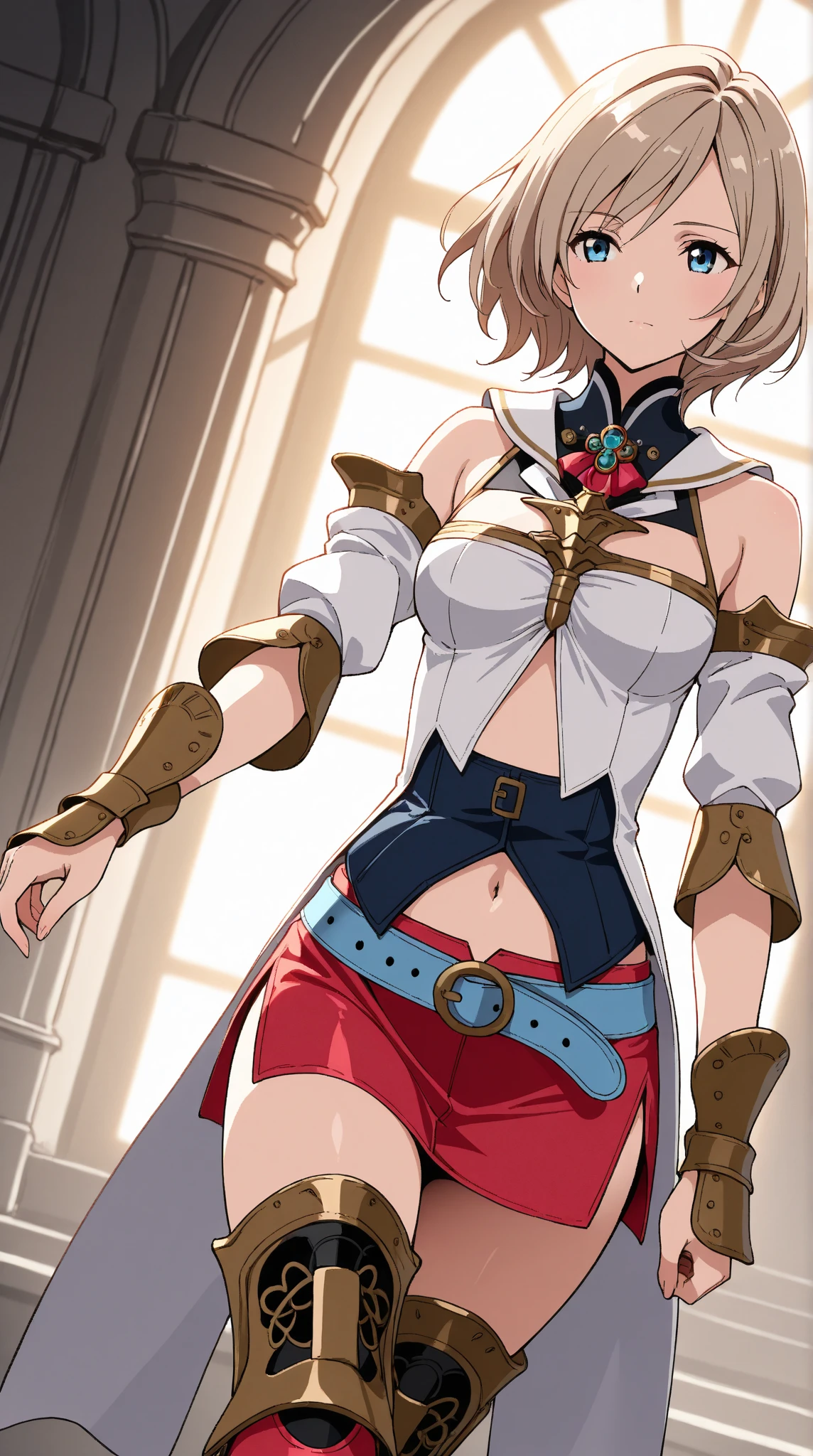 cowboy shot, smile, solo, <lora:kyoko1:0.5> kyoko1, short hair, brown hair, brown eyes, <lora:zs_CoronetArmor:1> p4coronetarmor,, ultra detailed, masterpiece, best quality, aesthetic, detailed,