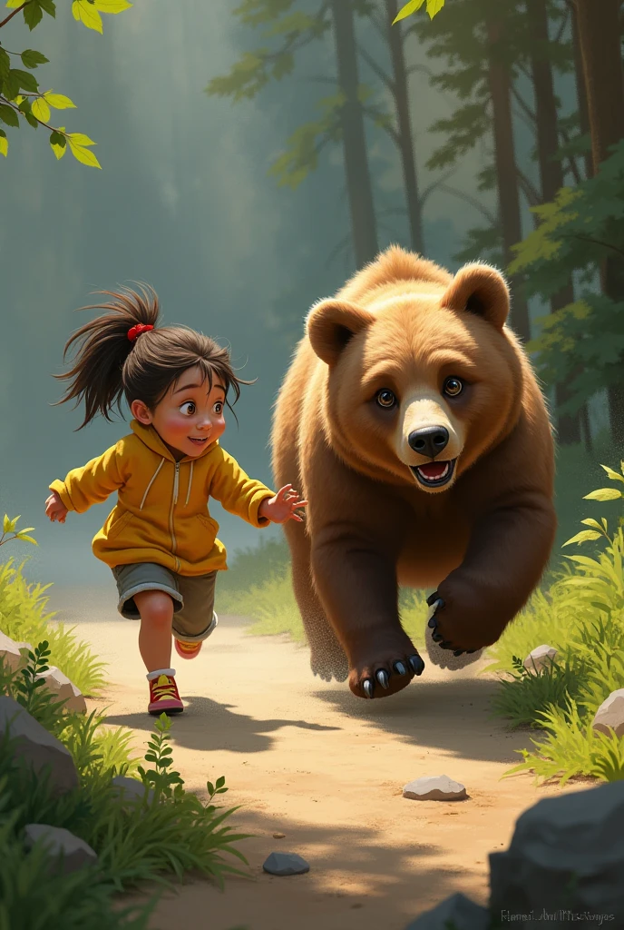 a ferocious bear, chasing a 5 year old girl, wearing a pink dress.(light spot) 8k realistic image. --auto --s2