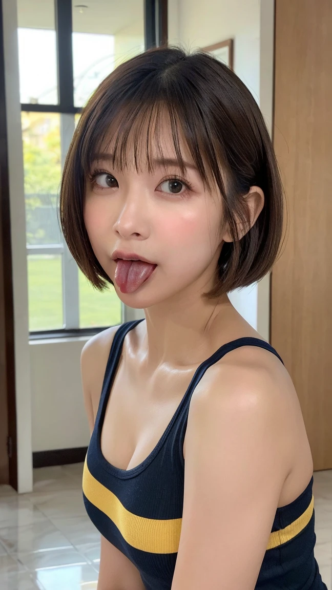 Selfie、((highest quality)), ((masterpiece)), (Familiar), A photo of the upper body、Are standing、whole body,Real Skin,highest quality,(Blowjobgesture,Blowjob_gesture:1.25),1 girl,blush,Open_Sticking out tongue、、Large Breasts、Japanese women、short hair、Black、camisole、20-year-old、Hotel Rooms