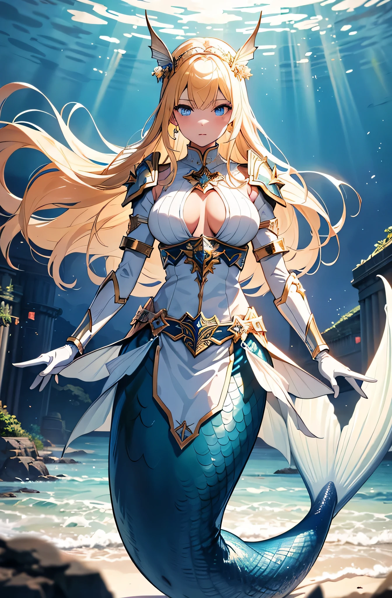Yellow long hair // blue eyes // blue water magic // alone woman // bikini armor with gloves and boots // BWH measurements 120-54-98 // Bust size 120 // Waist size 54 // Hip size 98 // full body // high quality