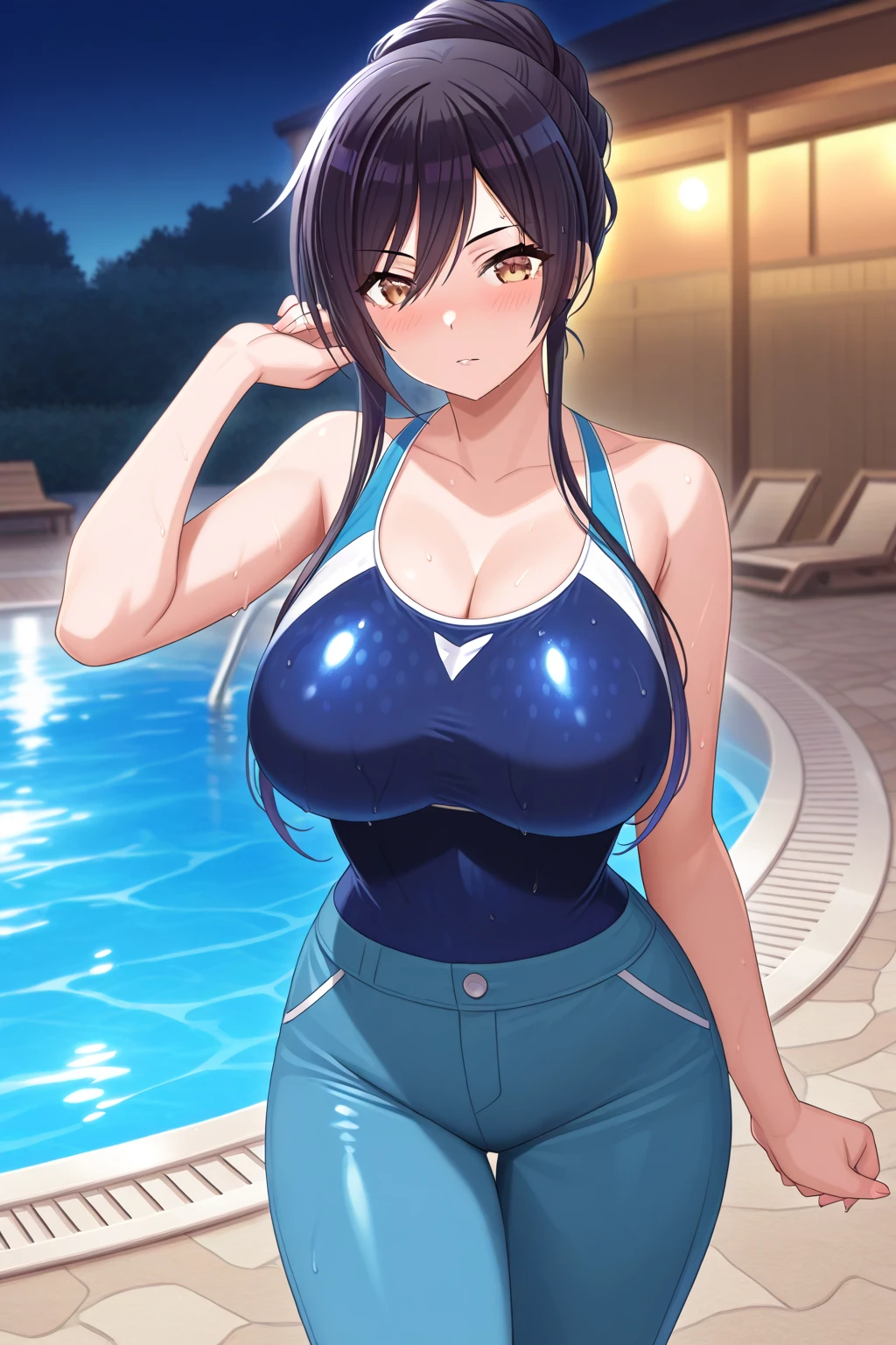 Ultra HD、Ultra high definition、Noise Reduction、perfection、Image quality adjustment、balance、girl、Night Pool、High leg swimsuit、Swimsuit、Camel Toe、Giant tit、Nipple Puffs、Cleavage、Plump、Super big breasts、Super big butt、Bubble butt、Butt、、((Raise your arms、Show your side))、Harem