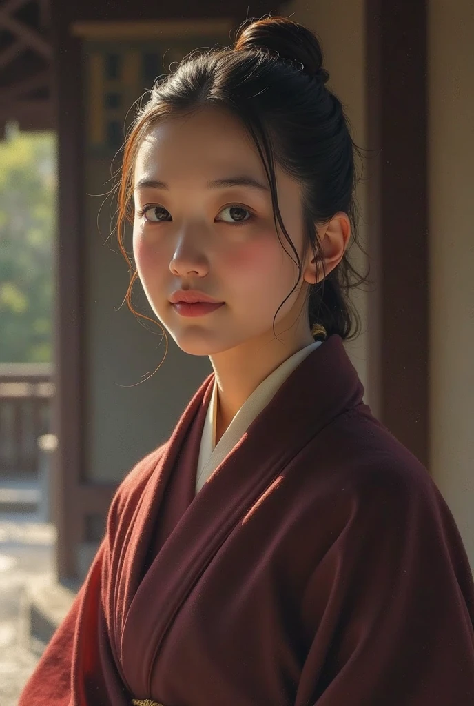 ((realistic lighting, superlative, 8k, masterpiece: 1.3)), beautiful 20-year-old 1 girl, short black hair, japanese geisha makeup, japan in the 40s, black eyes, everyday photos, black dragon, tavern without lights, eyes staring at the camera, eyes looking at the camera, ordinary villagers' outfit in the 900s, very beautiful pupils, round sparkling eyes, eyes with clover, very detailed figures, details, beautiful, film photography, Kodak, dreamy atmosphere,  film grain, film photography, concept photography, actual, realistic, zoom off, oval eyebrows, smile