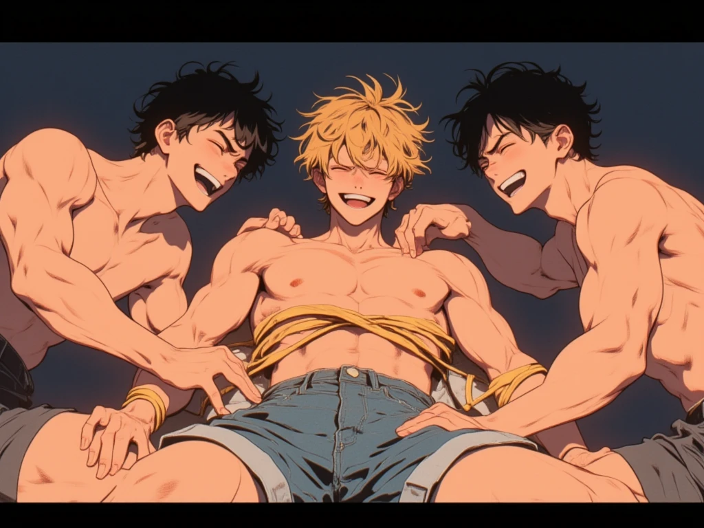 sexy anime teen boys flexing their sweaty bodies in underwear, shirtless
