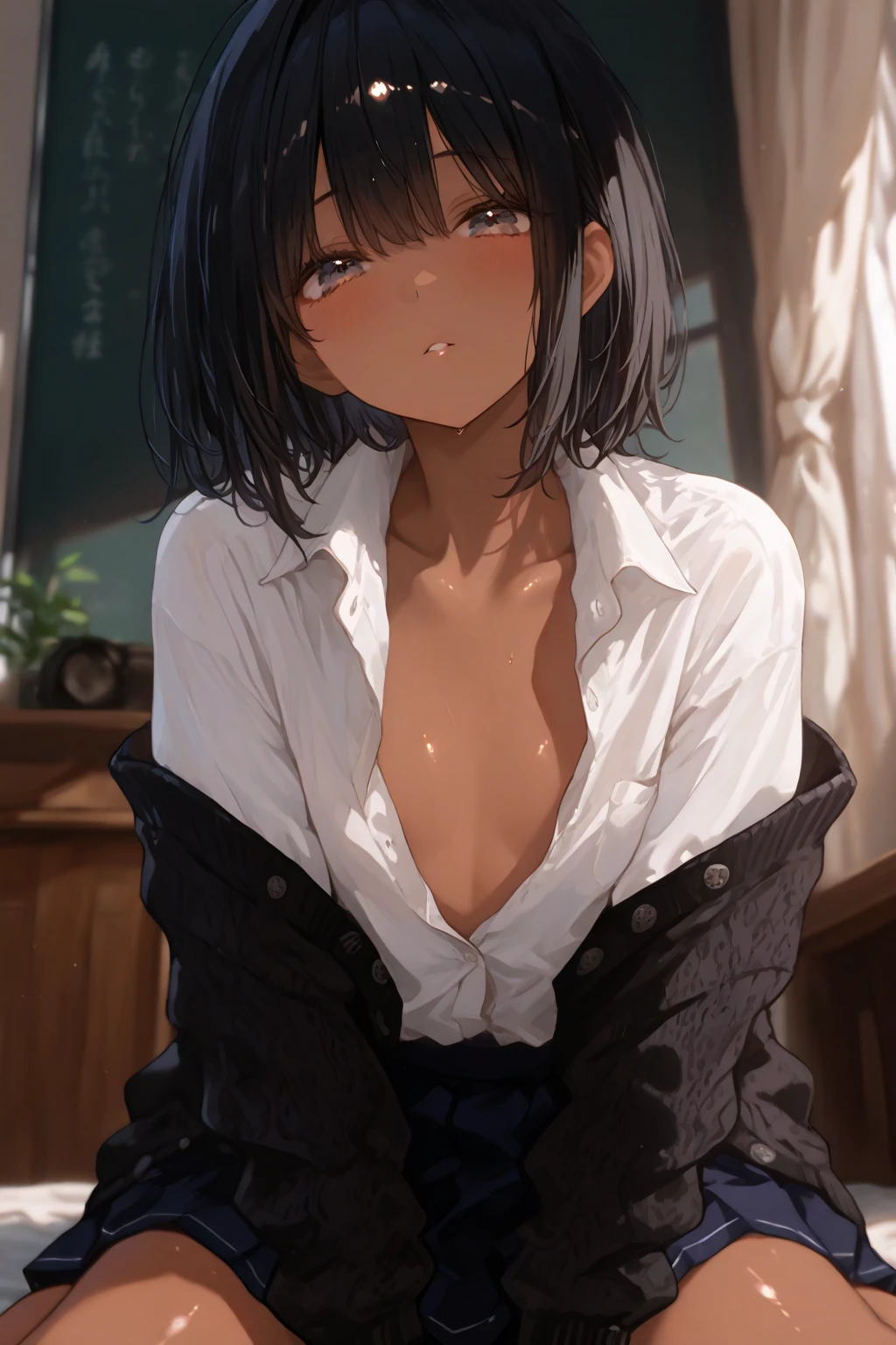 highest quality,masterpiece,Black Hair,Friendly,Short Hair,One girl,Classmate,pubic hair,Show me your naked body,Embarrassing,Shy laugh,classroom