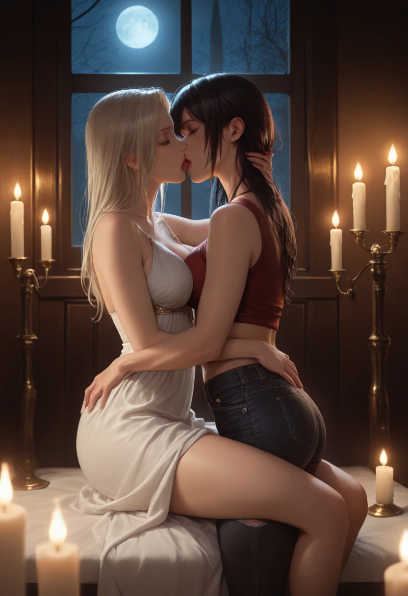 vampire teeth , ((((nighttime))) , 2girls, long hair , RAW photo, high quality, film grain,simple background, presenting, beautiful, (silver and red lined satin cloak tied at the neck:1.20) , biting neck , breasts, blood , cum in pussy, big ass, ,biting neck ,clothes lift,bottomless, moonlit graveyard , (2girls,yuri), biting neck, naked pussy
