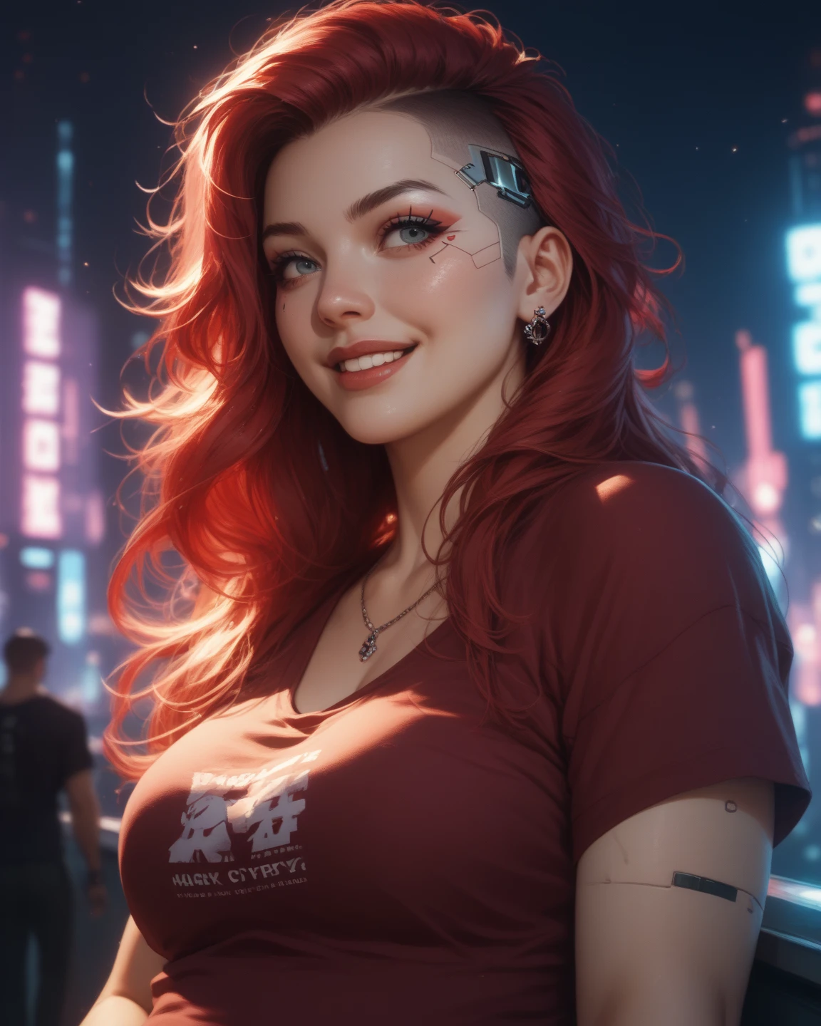 (((An extremely detailed portrait of a beautiful woman with red wavy hair and 2 multicolored braids sitting on a cyberpunk city roof at night wearing a red metallic dress with jewels))) realism, real eyes, smiling, fun, happy, food dishes, drink glass, pixiv trend, atmospheric lighting, intricate, fashion photo shoot, glamorous pose,  dramatic fabric, ambient occlusion, volumetric lighting, glamorous, ray tracing, path-tracing, tattoos, professional studio lighting, backlit, Deviant-art, hyper detailed effects. Steam coming from holes (background in focus) 8k HD --auto --s2