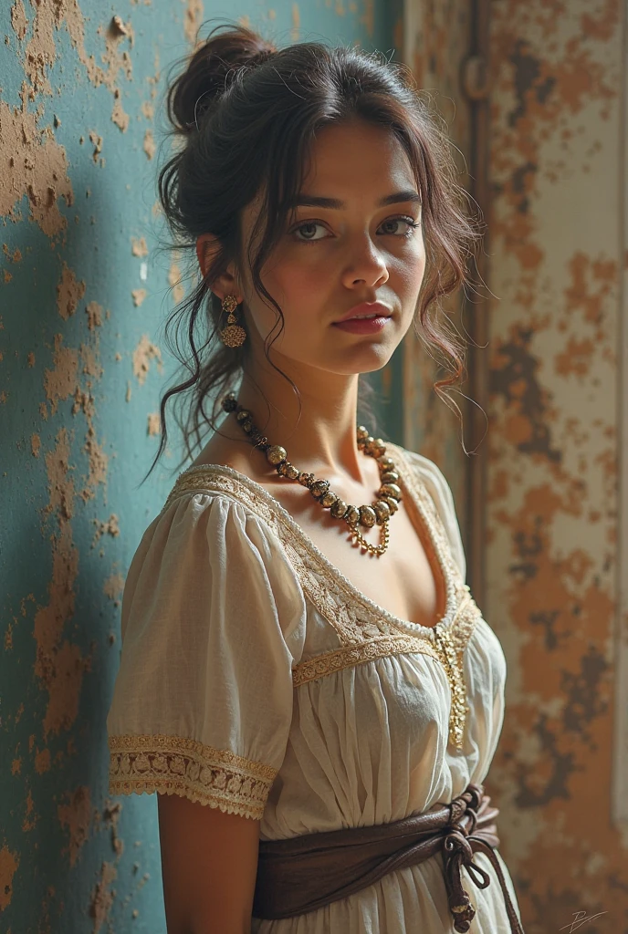 Jewish woman, black hair, black eyes, completely unkempt hairy body, wears a pink low-cut dress