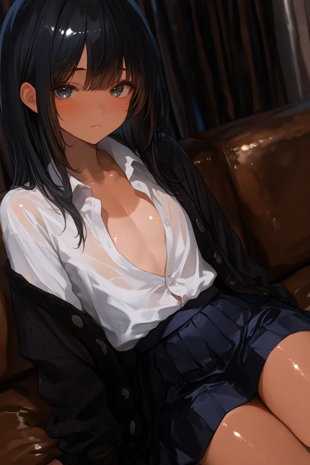 Photo, masterpiece, Best quality, wallpaper, 1 girl, Long dark hair, big green eyes, looks at the camera, in the center of the frame,perfect skin, 15 years, room,wet, white robe, Black Stockings, lace underwear, wet, embarrassed.