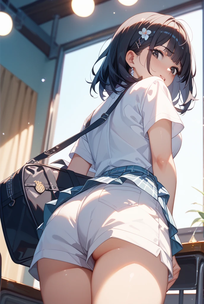 Best Quality, High resolution, Unity 8k壁纸, (Illustration:0.8), Perfect Lighting, extremely details CG, (Perfect hands, Perfect Anatomy),masutepiece, Best Quality, hight resolution, nffsw, Short hair, hair clips, Large breasts, grey sweater, black sailor collar, Yellow neckerchief, Black skirt, Outdoors、 (View from behind1.3)、 (pink panty:1.3)、(Skirt that rolls up:1.3)、(Fully exposed panties:1.5),、red blush、embarrassed from、, Accidental exposure, Skirt lift, (Bag:1.3),  (Ass), embarrassed, Blushing, wobbly mouth,  from behind, Looking at Viewer, Outside, Panties, Sexy, thick thighs, wide hips