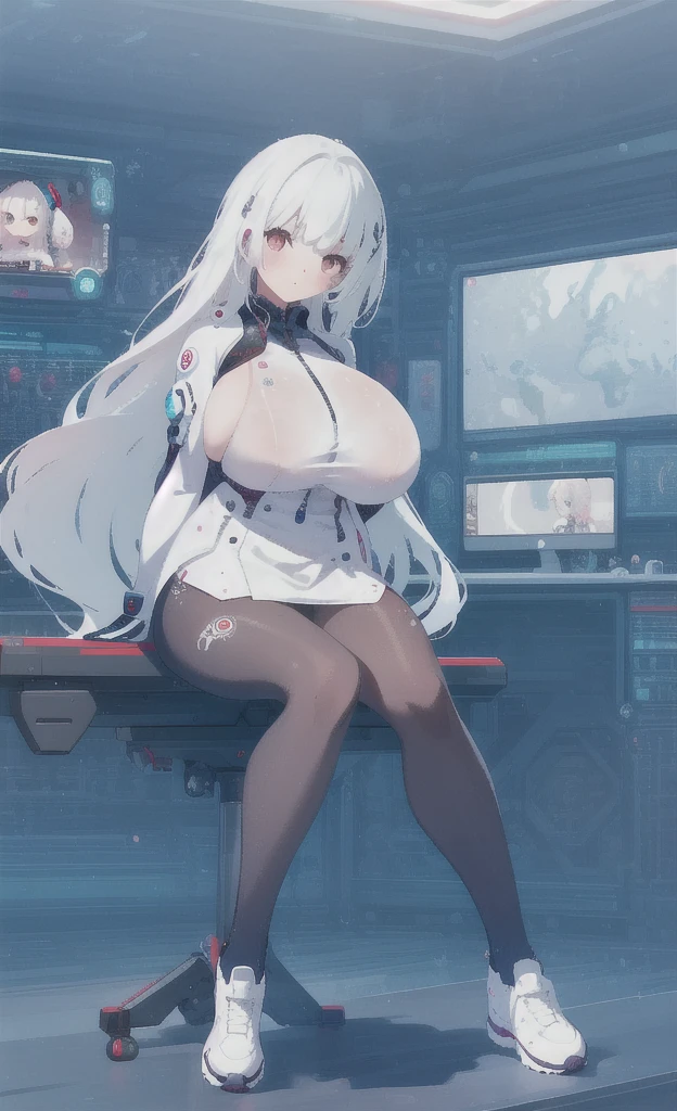 masterpiece , best quality , 1 sexy girl , (holding 1 goose:1.1) ,lab coat, doctor's white robe , (covered nipples:0.9) , (gigantic tits:1.2) , (thick arm:1.1) , thick thigh , gigantic hip , (white hair:1.1) , (plump:1.1) , surrounded by sci-fi machinery and monitor , (evil smile:1.1) ,
