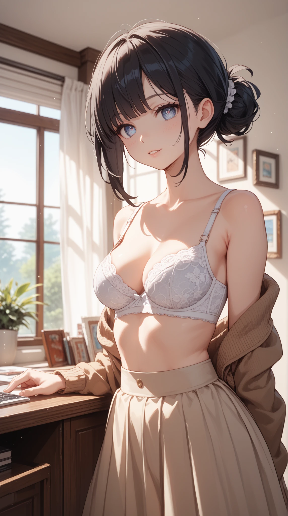 (((masterpiece, highest quality))),cowboy shot,20 year old beauty, solo,((very small head)),black hair,short hair,bangs,black eyes,shy,medium breasts,((very long body,slender body)),skinny,gleaming skin,oily skin,sweat,(japanese maid Microbikini、White brim、white_thighhighs,White garter belt),Waiter job、tea time,Large garden、Old big mansion、Natural light、