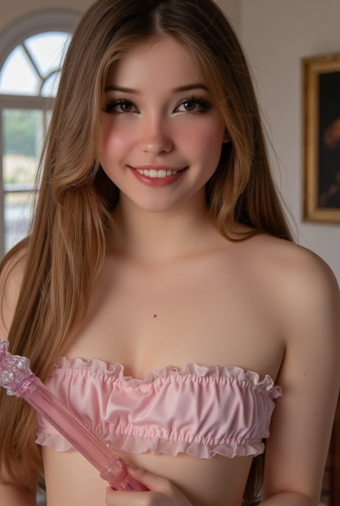 single focus lens, full body picture, face is Ultra-realistic, sensual woman, photographed, very dark makeup, pink lipstick, cute smile (teeth visible:0.8), honey blonde hair, ice blue eyes, voluptuous big buttocks, D cup breasts, narrow waist, beautiful breasts, highlighting cleavage, white sheer lace t-string panties and star-symbol print pattern bra, wearing high heels, garter belt, the background is the sun setting on the beach, pink with a blend of orange, and yellow filling the sky, gorgeous necklace and earrings, style raw