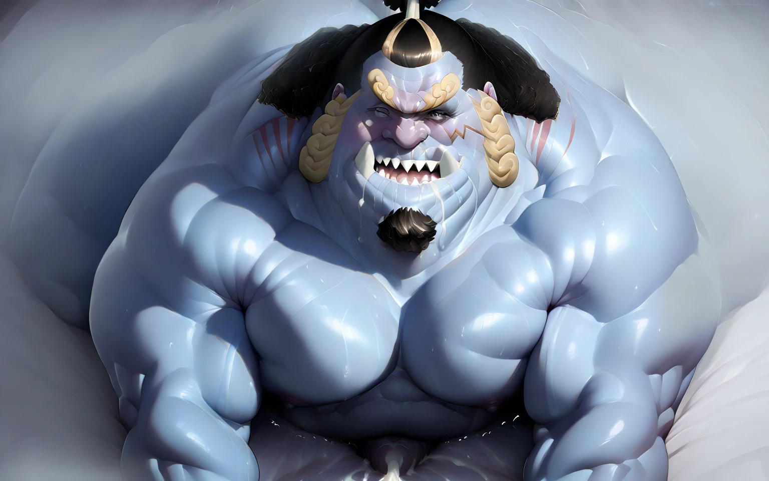 anime character with (blue skin) soaking in the onsen, partially submerged, (tusk out), huge muscular, water, onsen, shirtless