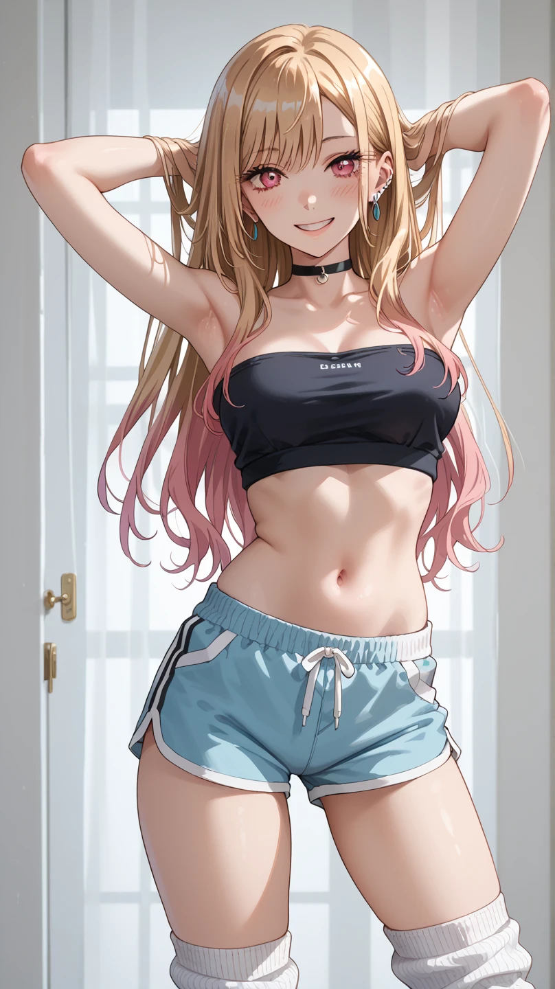 powa, outstretched arms, toned, long hair, crop top, small breasts, jeans, posing, horns, long hair, flexing, casual, detailed background, model, outdoors,