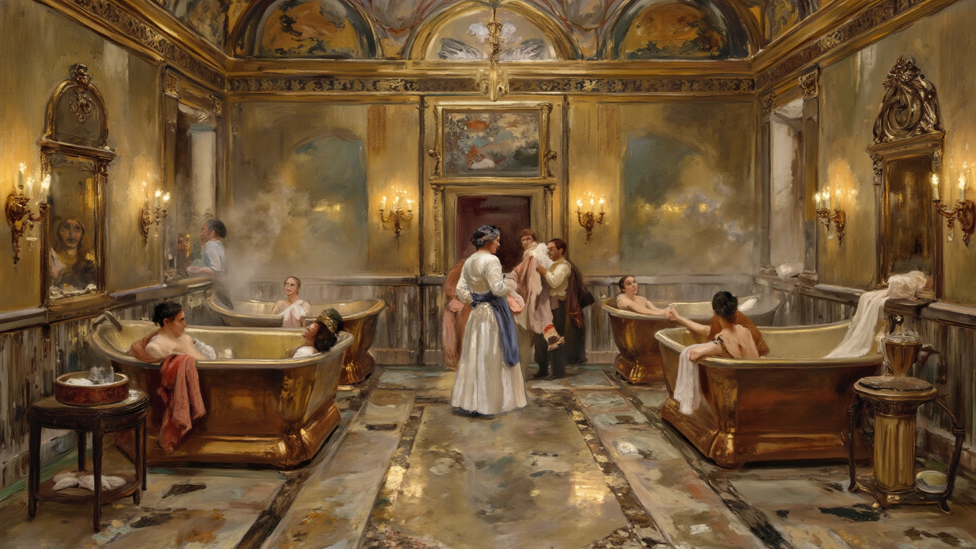 (Best Quality, tmasterpiece:1,1), Girls wash in a Roman bath, illustartion, , Complicated details, chilling, excitement, Hyper-realistic, insanely detailed, ((Style: John Whitcomb)
