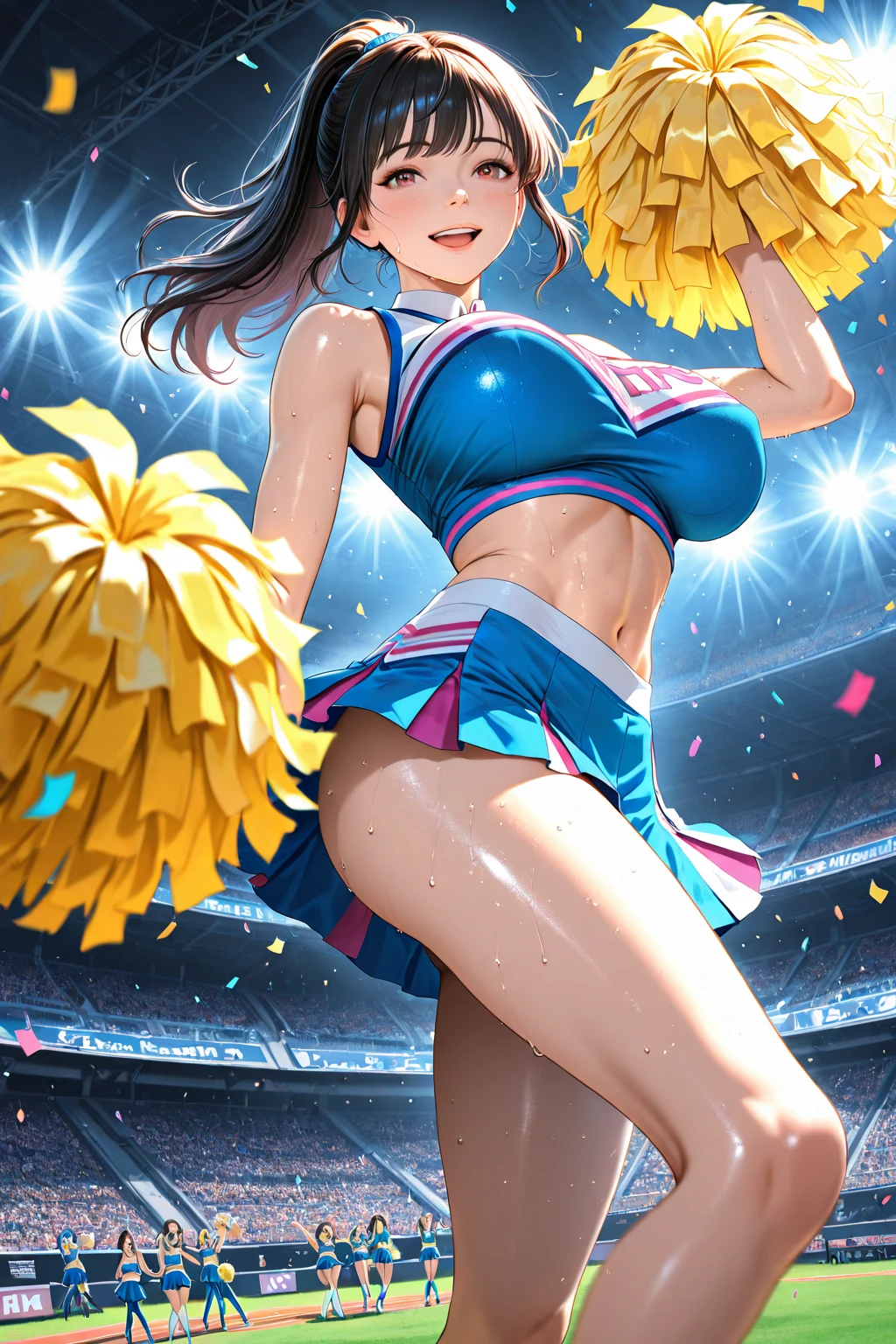 Highest quality,Highest Resolution,Beautiful smiling girl cheerleader holding pom-poms,Sweat flying,Big eyes,Belly button,Underwear that becomes transparent due to sweat,Black hair ponytail,Diagonally below,Arena,support,