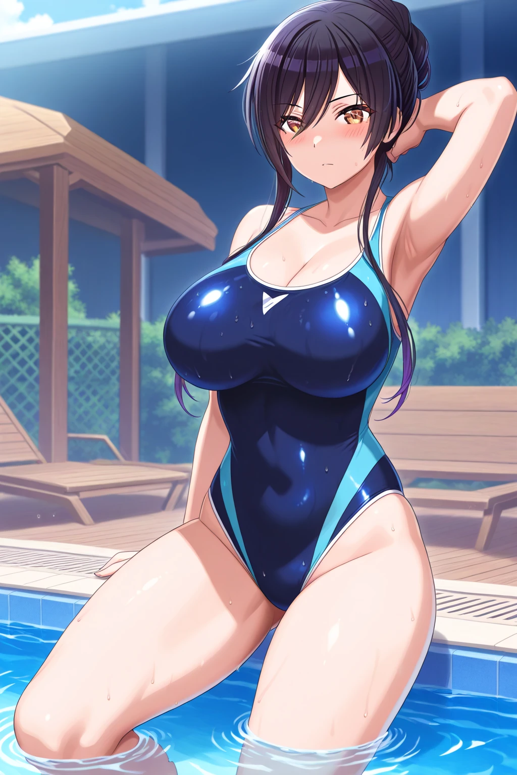 hiquality、16 K、NSFW、(Huge breasts),thick thighs、Big buttocks、fatness、Parted bangs hair, :o、Surprised、is crying、 blush,(Twin-tailed), Red Eyes,((((Brown hair)))),adult  woman,Sweat,,white glove,OL,Navy Blue High Leg Swimsuit、White knee socks、Hands behind the body、I have my mouth wide open、((spreading legs))、Poolside at night、sitting down on the floor