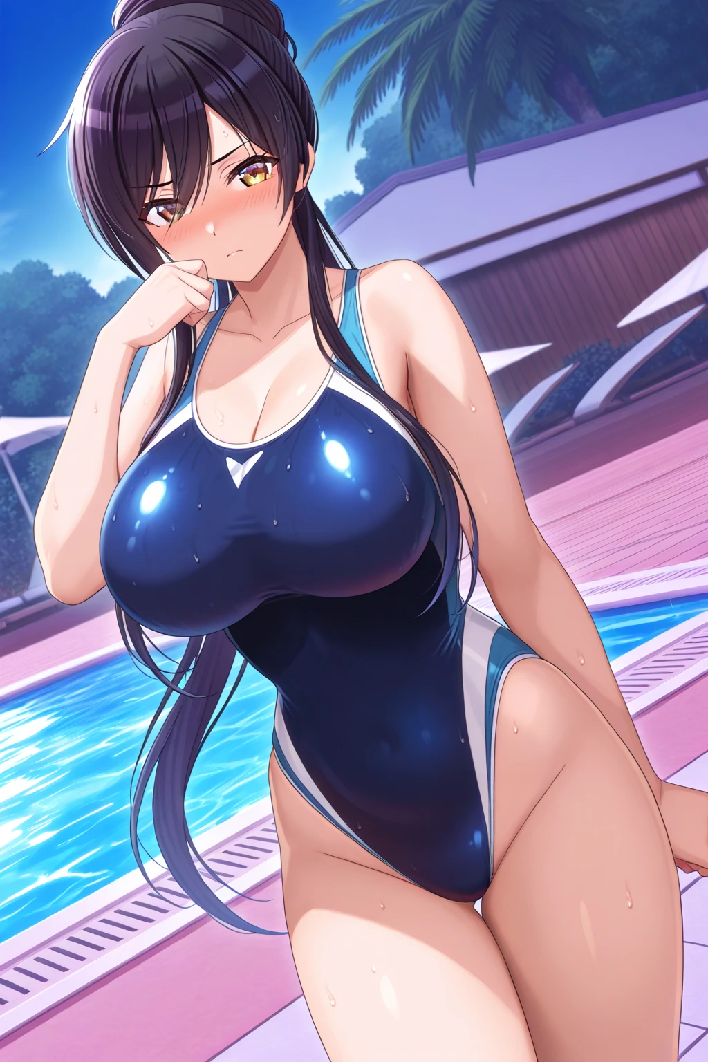blush,bare arms, Wet, indoor pool,strap slip, blue one-piece swimsuit, Swimsuit,(big breasts:1.5),looking at the viewer,Are standing,(((masterpiece))),((highest quality)),perfect anatomy,8K UHD,highly detailed face,luster and luster,((1 girl)),((alone)),beautiful and fine eyes,perfect image,(Upper body:1.1),(look ahead:1.1),turn your arms behind your back,slim waist,(shiny hair),black hair,black skin,(medium long hair:0.6),