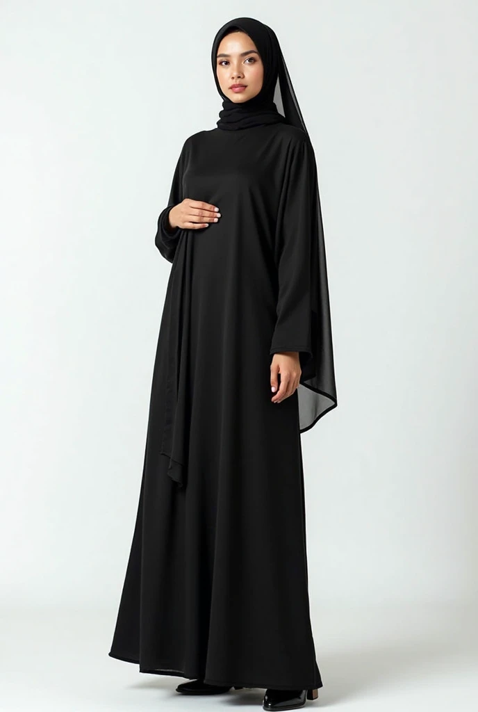 a woman with a black simple yet elegant  design  abaya with less lose sleeves and v neck  with dusty rose pink hijab without belt on bottom 