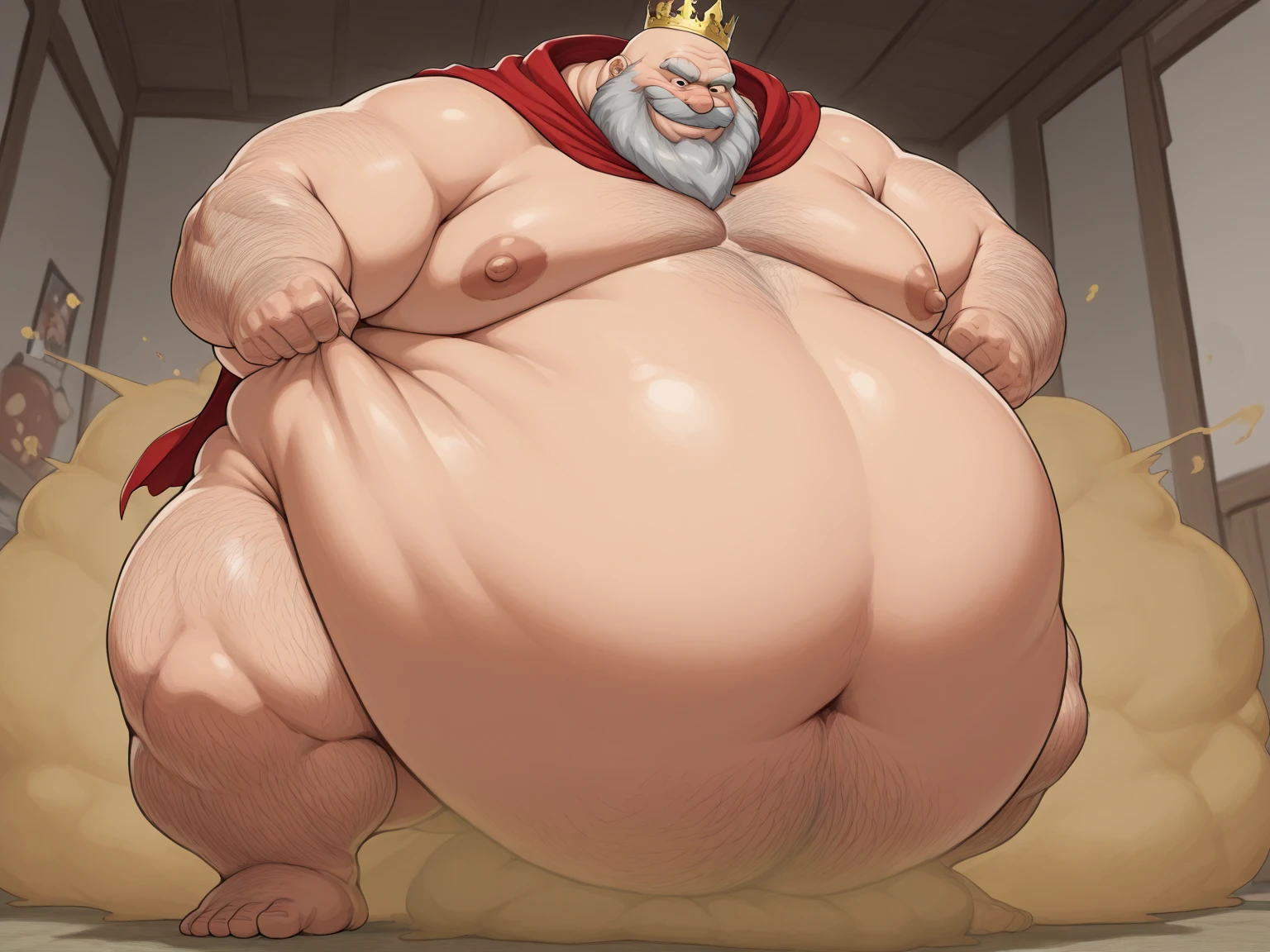 40 years old white Male, tall, giant body, handsome, dad bod, beefy, strong arms and legs, wide shoulders, a bit chubby muscle gut, a bit of fat but still very muscular, extremely hairy, (a lot of body hair), short beard, untie white robe, barefoot, (huge oversized cock), (oversized, enormous, heavy and hairy fat balls), smirking confidently, standing dominantly, divine space