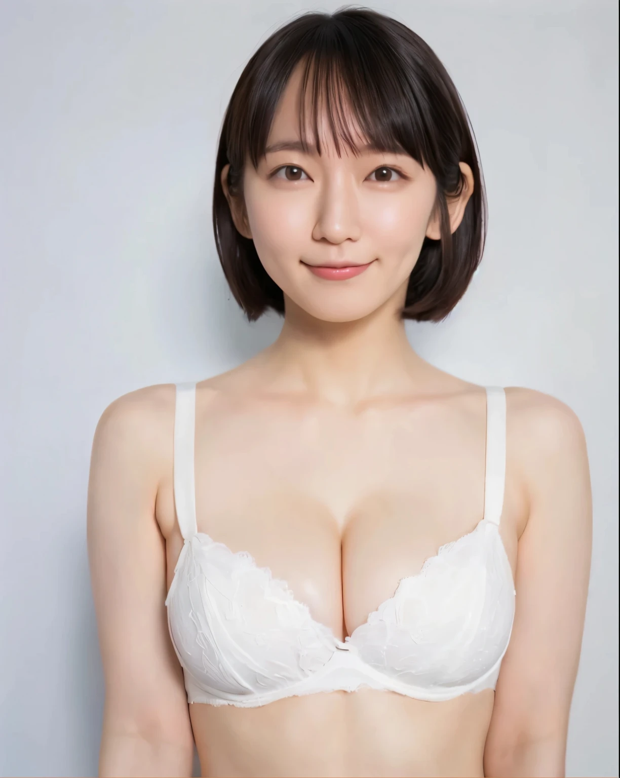 (topless:1.3、not wearing anything:1.2、nothing attached:1.3、Supermodel with long legs:1.3、eye highlights:1.3、30 years old、spotless、cute、golden ratio face:1.2)、look closely at the camera:1.4、Short bob cut with neat bangs、long neck、long neck、please show me your ears、beautiful clavicle、beautiful skin、perfect body、perfect fingers、perfect arms、perfect hands、face becomes smaller、Clear double eyelids、detailed eye、clean your belly button、big chest thin waist、please open your legs:1.5、look closely at the camera、(really blank white background、really blank white background:1.4)、perfect ???????、very big chest、very big neat chest、hugeな 、very big big:1.8、big areola:1.2、adult charm、close your mouth:1.3、smile:1.3、smile happily:1.3、I'I'm smiling because I'm embarrassed、a little wind blows:1.2、((portrait:1.3))、{huge|big|hugeな|mega} chest:2, cleavage:2