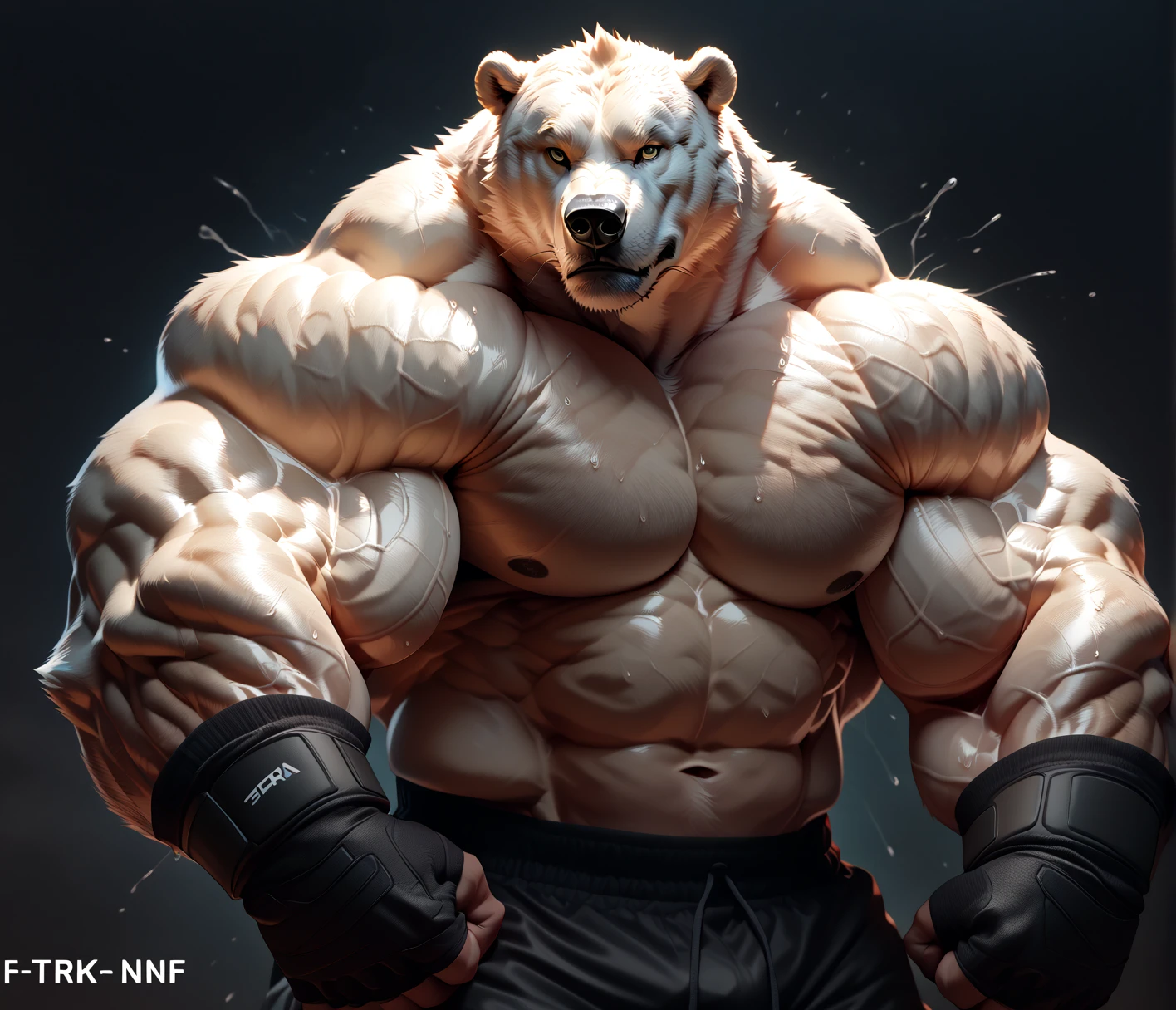 Brock Ólafsson The Huge Muscled Polar Bear, with White Hair, Huge, White Fur, Shirtless, Topless, Black MMA Fingerless Gloves and Black MMA Shorts