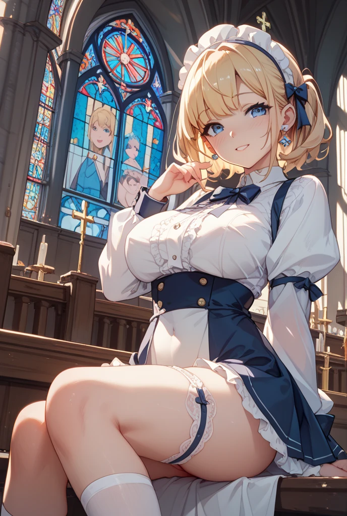 (best quality, In 4K, 8K, High resolution, muste piece:1.2),(two women),Super detailed, (Reality, photorealistic, photorealistic:1.37), 30 year old woman,ripe woman,((inside a church),muste piece, Top quality, Ultra-fine,maximum resolution, Extremely detailed, ((Drooping eyes,nun,thigh high socks,mini skirt,White leotard,Angle from below)),Cord,embarrassed face,Seductive thighs,huge boobs,big ass,blonde