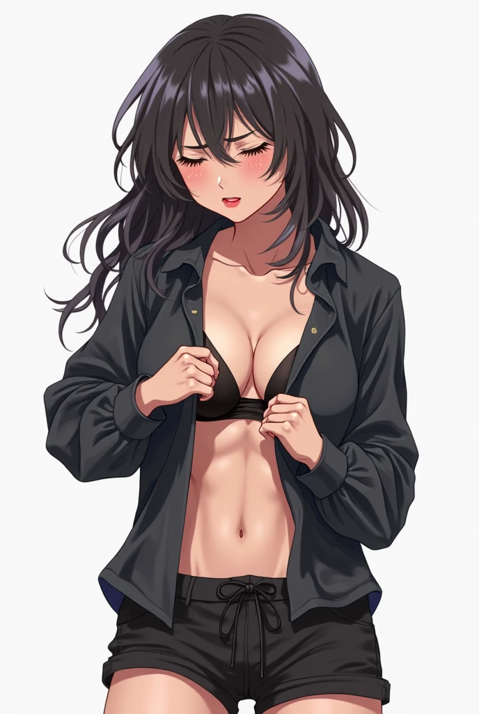 score_9, score_8_up, score_7_up, source_anime, rating_explicit, beautyful mature japanese woman, slim body, slender body, black jacket, lowered black jeans,big long fringe black hair, black lipstick, pink bra, serious face, pink panties