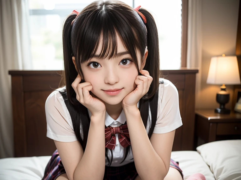 (Best Quality,4K,High resolution:1.2), Ultra-detailed, Realistic portrait, Best Quality, (outside japanese high school), (passionate scene),one very young looking high school girl, (intense emotion), (carp), (kiss:1.1), , (open eyes),(innocent look), student clothes, long black hair with bows and ribbons、Mini Pleated Skirt、(Stockings), open mouth, (very big breasts), lingerie, pigtails, thin tiny waist, black and pink marching band uniform with bow, having fun, , big brown eyes, big cute smile, (full body, perfect long legs, looking up staring into camera, far away, lying on bed, face down, feet in the air form behind), (muscular lean abs, tight cropped blouse)