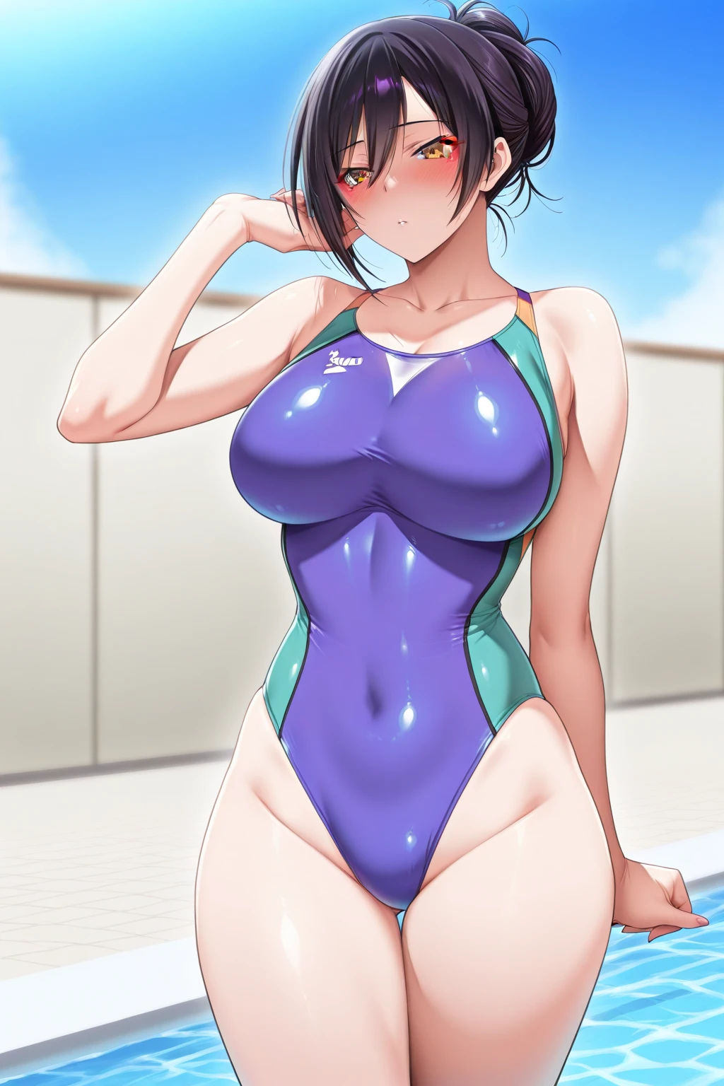 masterpiece, best quality, asagi, 1girl, breasts, solo, sweat, purple one piece swimsuit, large breasts, cleavage, smile, wide hips, looking at viewer, hand on hip, blush, huge breasts, blue hair, long hair, bangs, hair between eyes, green eyes, night, beautiful detailed eyes