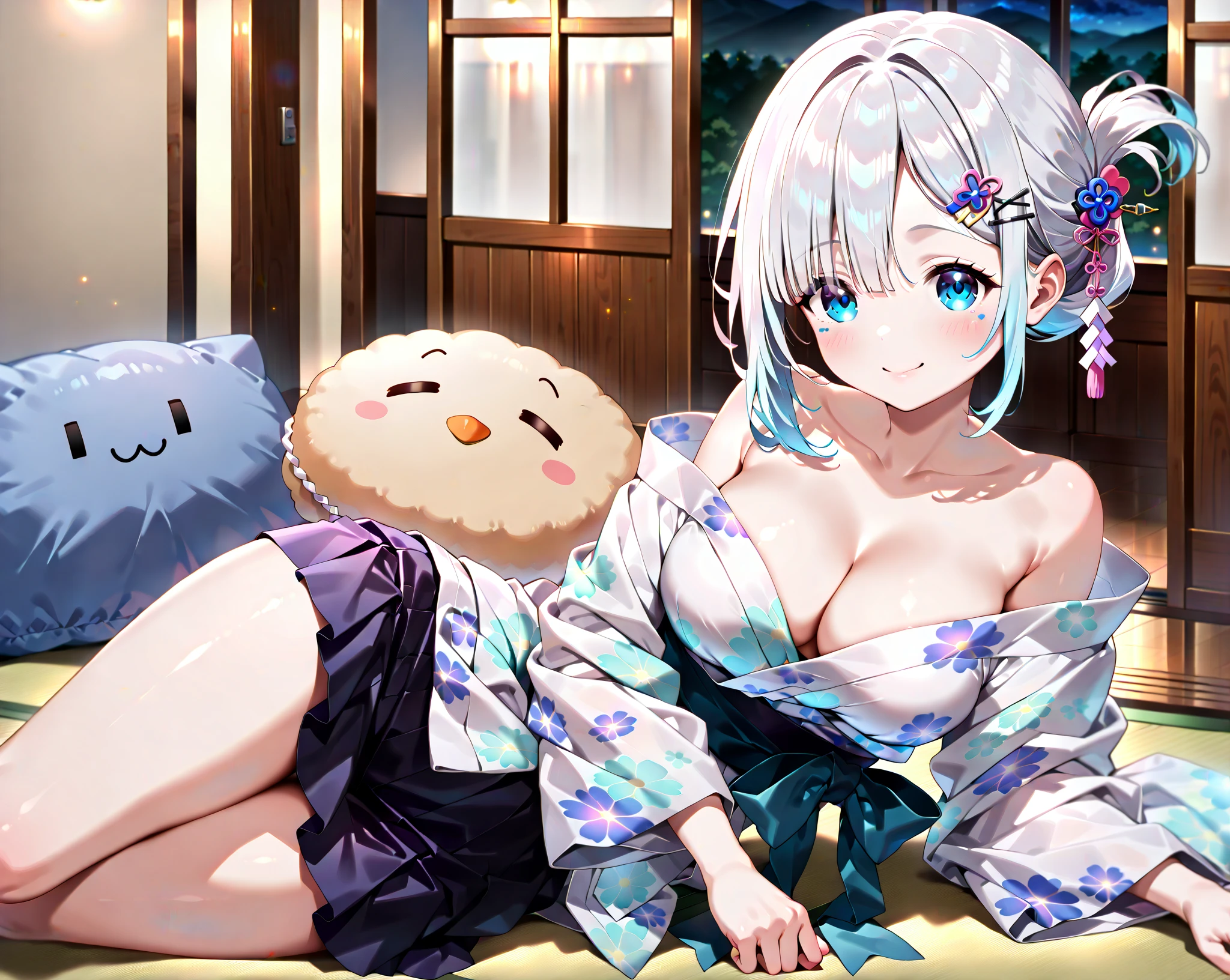 (((masterpiece, best quality))), (((superior quality))), cute girl, ((extremely detailed girl)), ((huge breasts)), (yukata), (bare shoulders), strapless top, silver hair