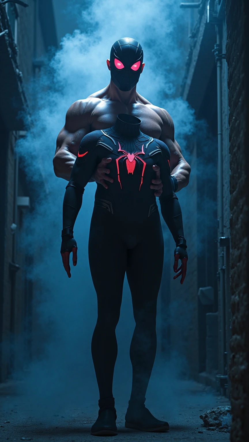man, hunk, armpit hair, muscle, , black skin tone, no underwear, spiderman costumw